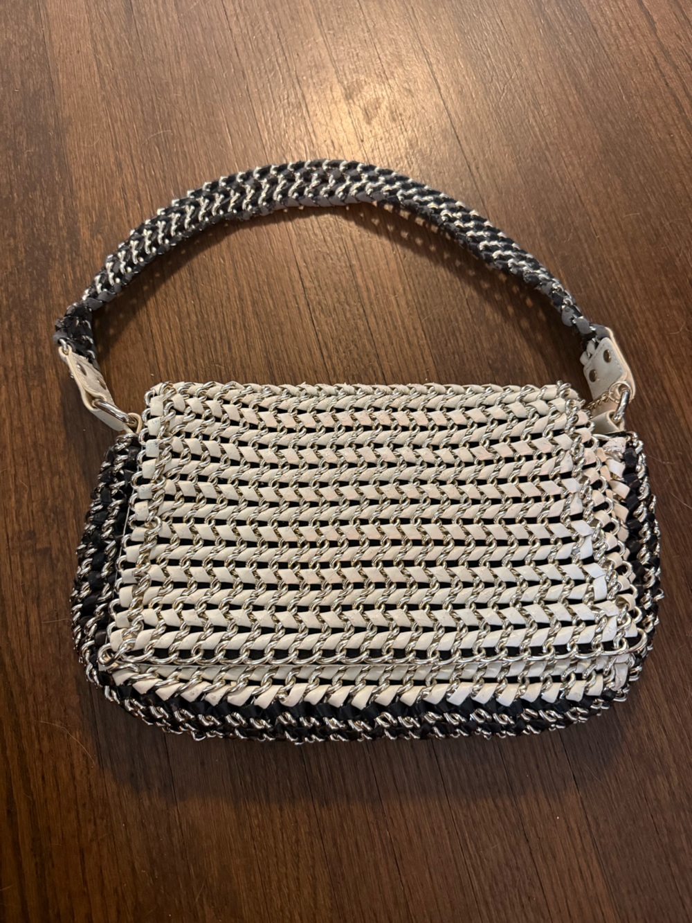 REISS Large Black White Woven Chain Shoulder Bag Silver Hardware